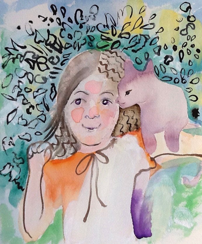 A Girl and Her Cat — Watercolor giclée print by Kathleen Deyo