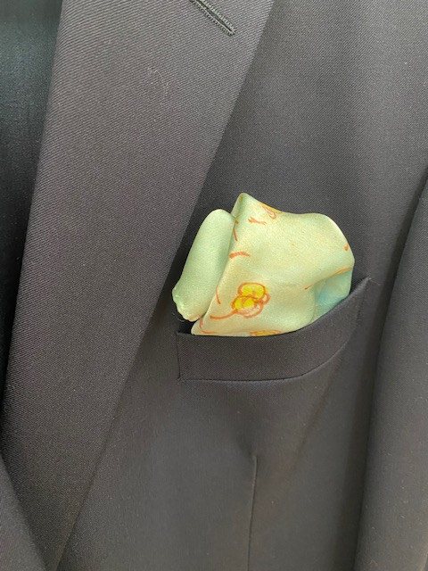 Blue-Green Flower Pocket Square — Hand-painted silk by Kathleen Deyo