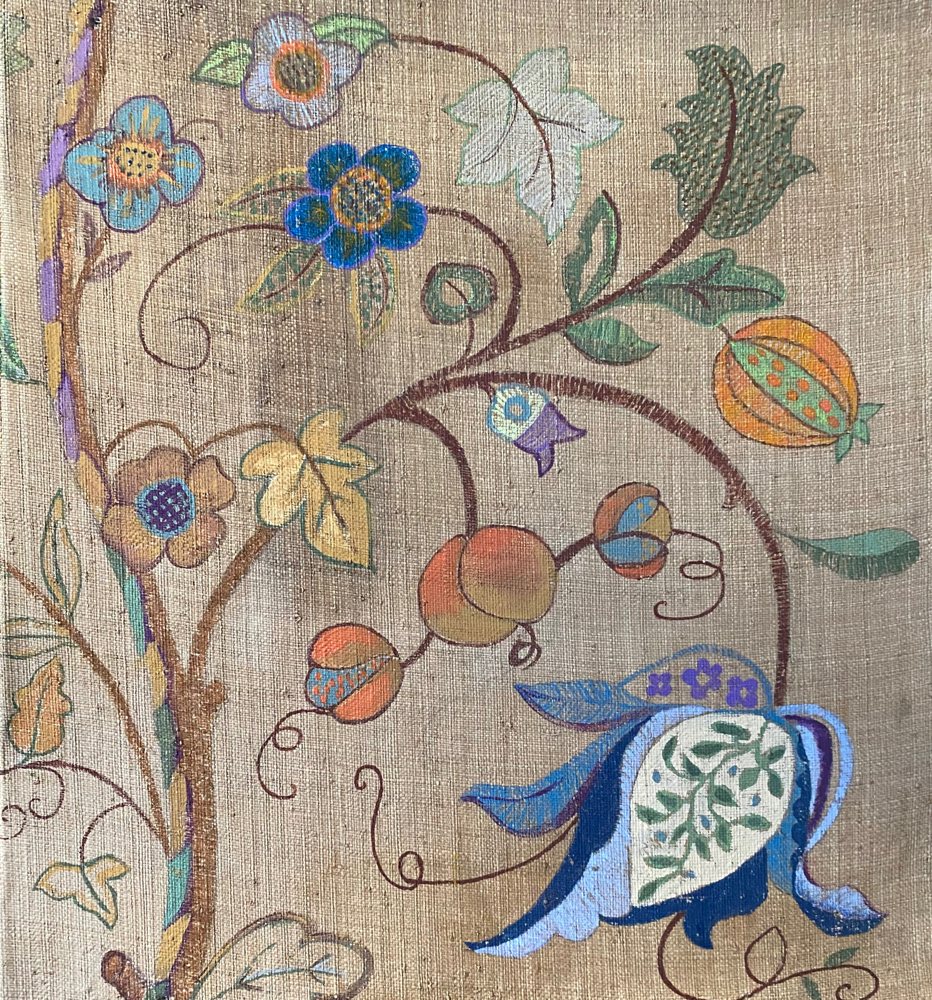 Hand-Painted Crewel Embroidery (Original) — Textile wall art by Kathleen Deyo
