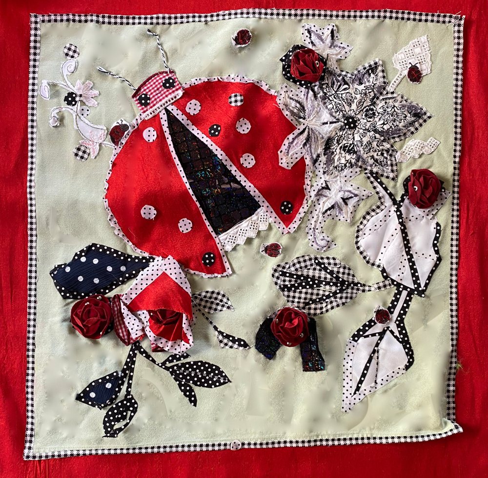 Ladybug and Flowers Wall Hanging — Textile wall art by Kathleen Deyo