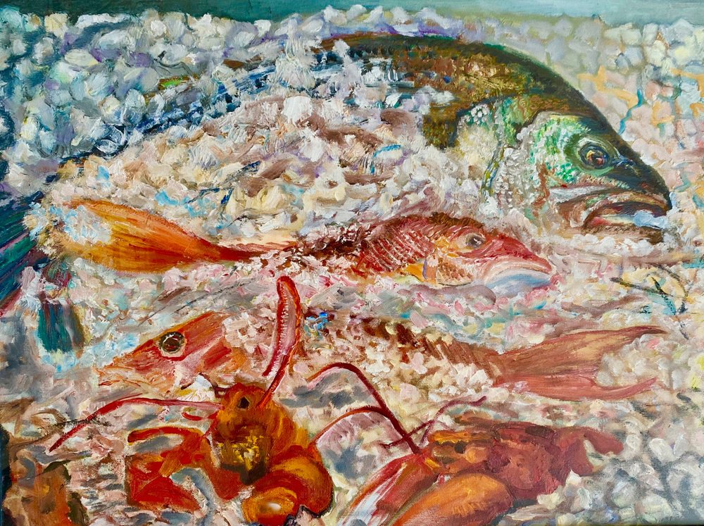 Lobsters and Fish on Ice — Original oil by Kathleen Deyo