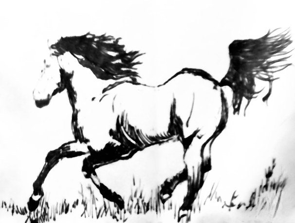 Ink painting of a galloping horse by Kathleen Deyo
